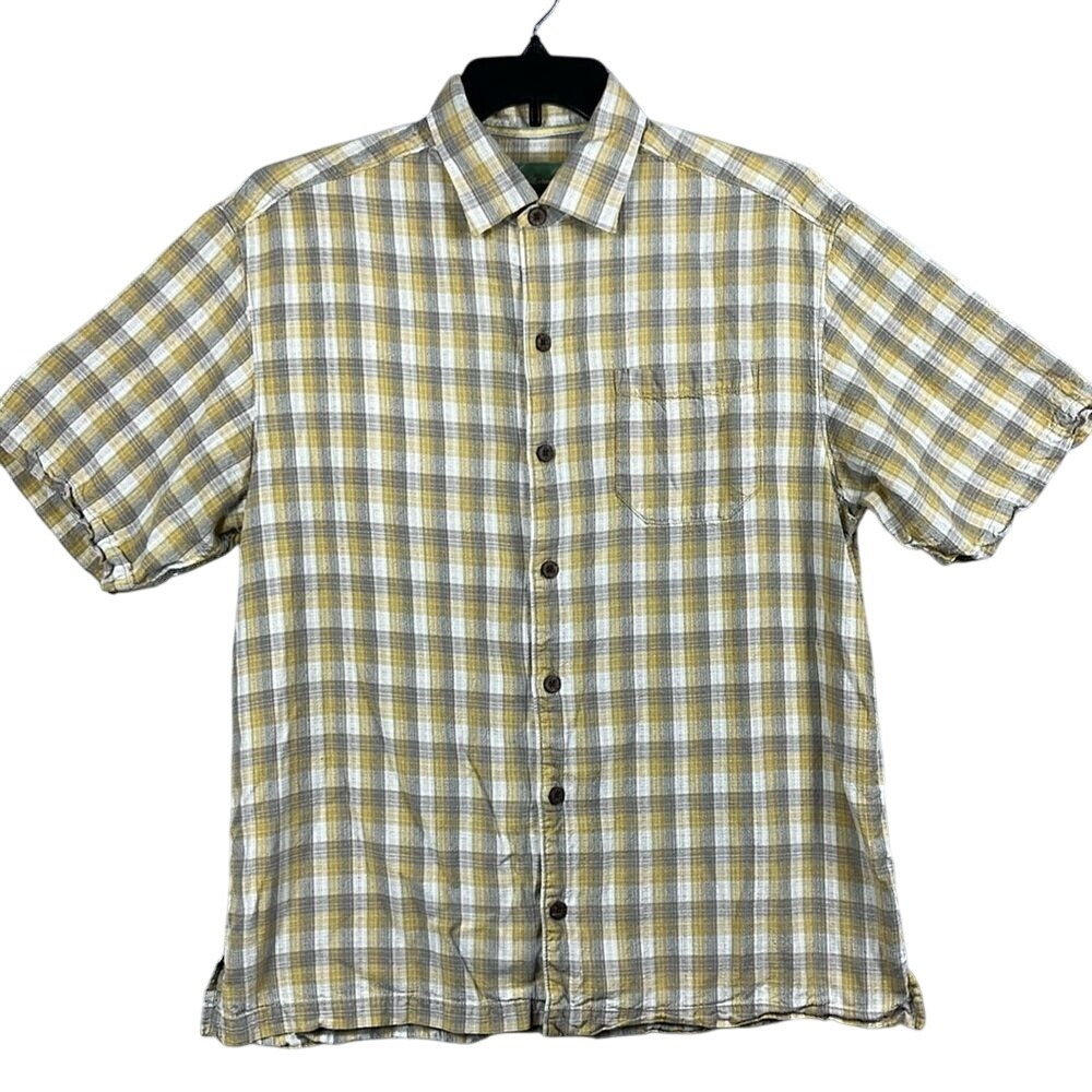 Tommy Bahama Short Sleeve Button Up Shirt Mens Size Large 100% Silk Yellow Grey